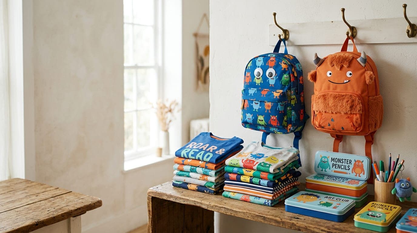 Children's t-shirts, backpacks, and pencil boxes with colorful monster artwork displayed together on a light background.